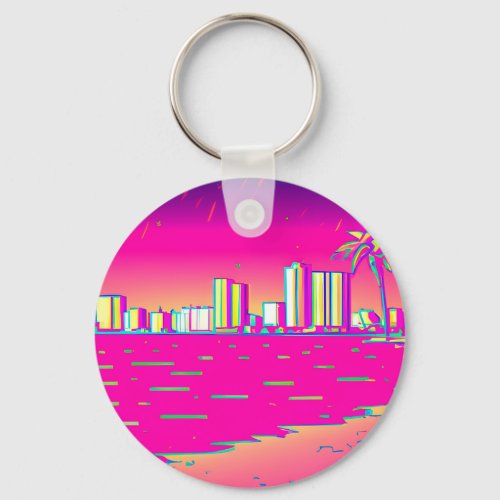 Vaporwave neon cityline from the 80s art keychain