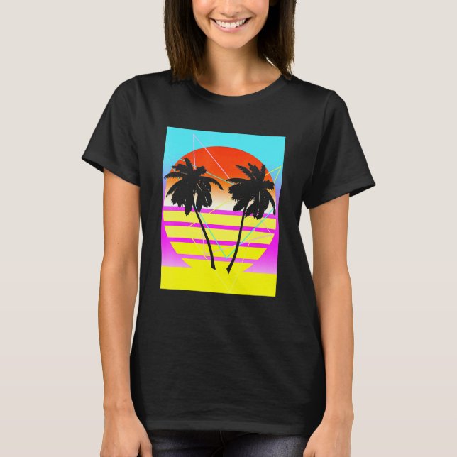 Vaporwave Palm Tree Beach In Summer Sunset T-Shirt (Front)