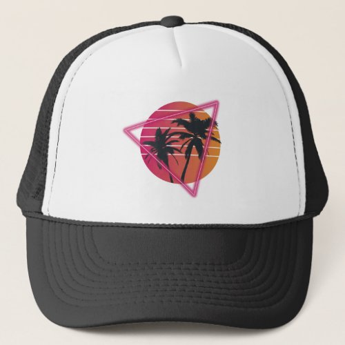 Vaporwave palm tree sunset design trucker hat