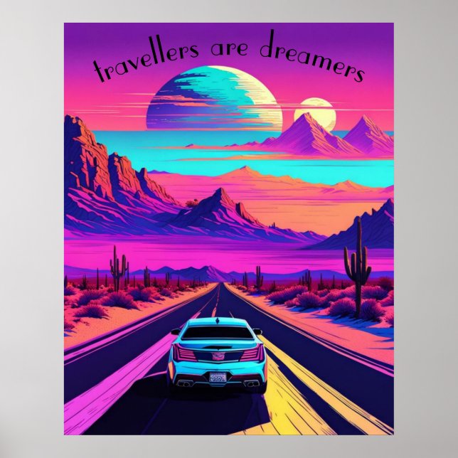 Vaporwave psychedelic desert road scene. Editable. Poster (Front)