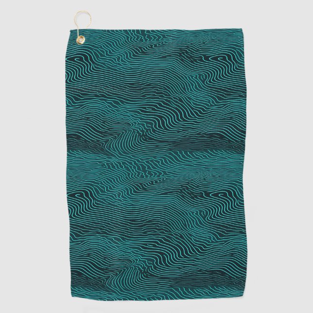 Vaporwave Rippling Teal and Dark Blue Line Pattern Golf Towel (Front)