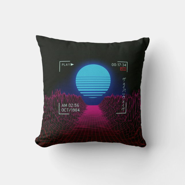 Vaporwave Sunset Landscape Throw Pillow (Front)