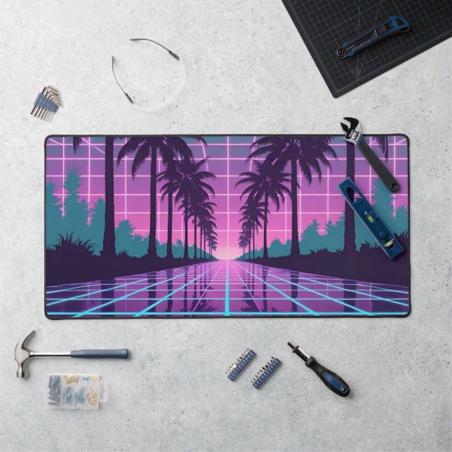 Vaporwave Sunset Palm Trees Neon Grid Desk Mat (Workstation)