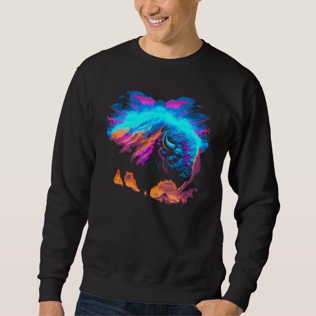 Vaporwave Synthwave Bison American Buffalo 80s Eig Sweatshirt (Front)
