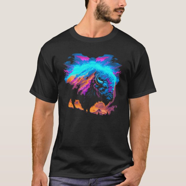 Vaporwave Synthwave Bison American Buffalo 80s Eig T-Shirt (Front)