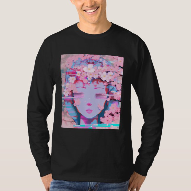 Vaporwave Synthwave Retrowave Glitch Cherry Blosso T-Shirt (Front)