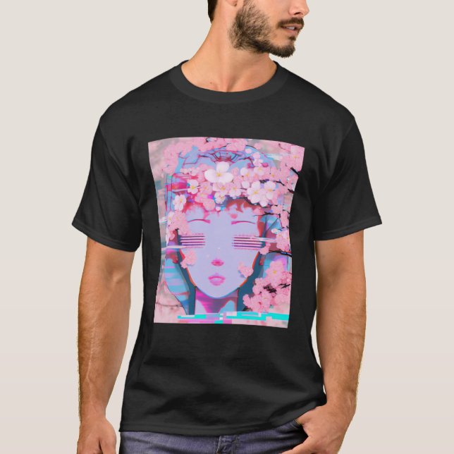 Vaporwave Synthwave Retrowave Glitch Cherry Blosso T-Shirt (Front)