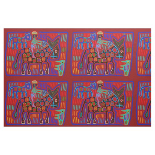 Vaquero y Caballos - Scarlet Red Blue Kuna Indian Fabric
