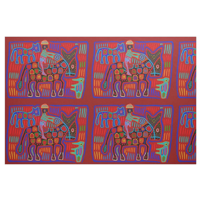 Vaquero y Caballos - Scarlet Red Blue Kuna Indian Fabric (Fat Quarter)