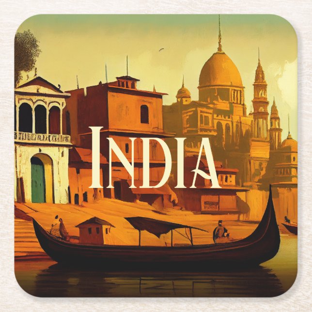 Varanasi India Painting Square Paper Coaster (Front)