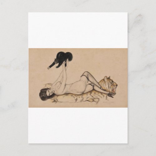 Vargas Girl Laying on Tiger 1915 Pin Up Art Postcard
