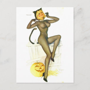 Vargas Halloween Cat Vintage pin up girl Postcard
