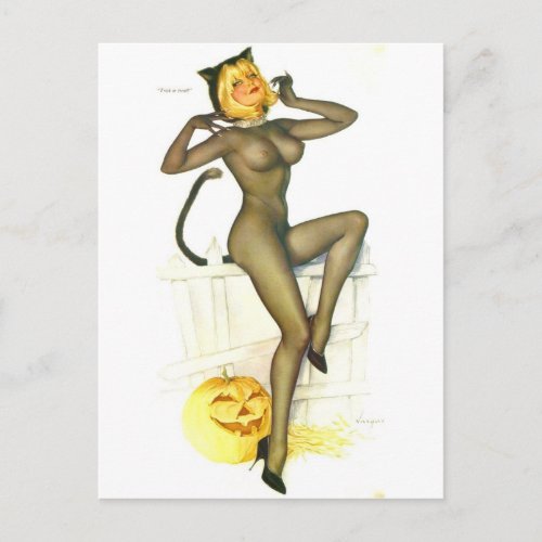 Vargas Halloween Cat Vintage pin up girl Postcard