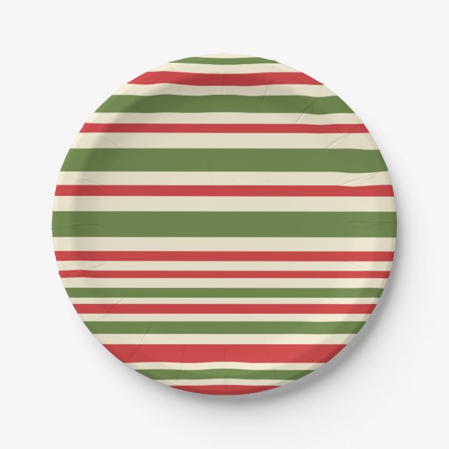 Variable Stripe Christmas Pattern Red Green Cream Paper Plates (Front)