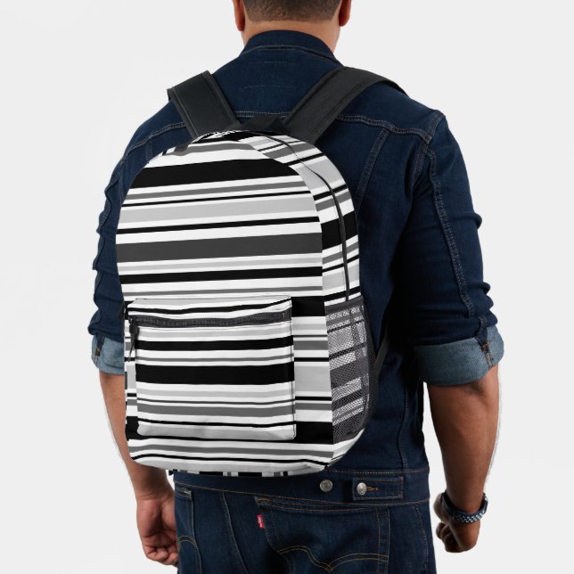 Varied Black White Grey Stripes Printed Backpack (Insitu (Model))