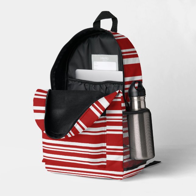 Varied Red and White Stripes Printed Backpack (Back Corner Right (Open))