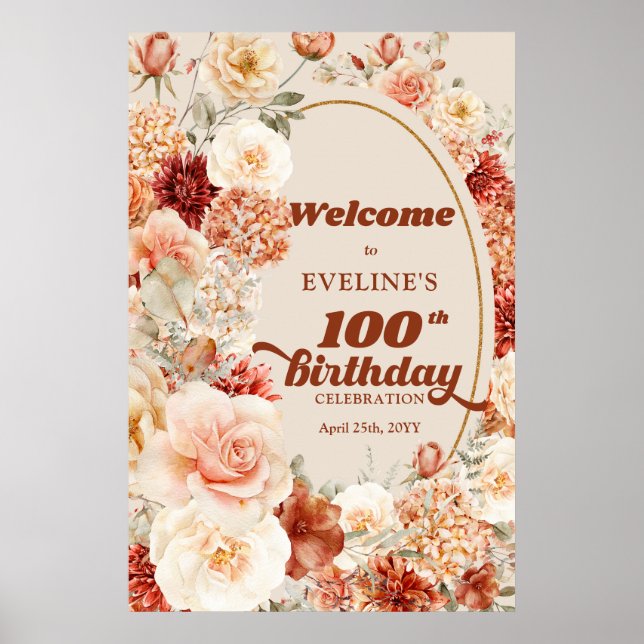 Variegated autumn floral  100th birthday Welcome Poster (Front)
