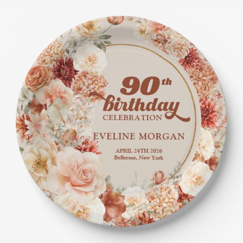 Variegated autumn floral rusty ivory 90th birthday paper plates