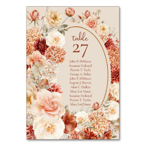 Variegated autumn floral rusty ivory blush sage table number