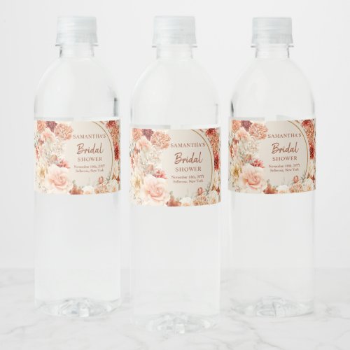 Variegated autumn floral rusty ivory blush sage water bottle label
