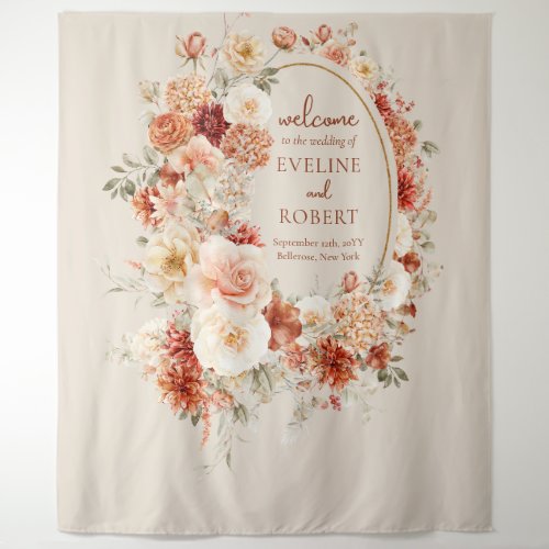 Variegated autumn floral rusty ivory blush Wedding Tapestry