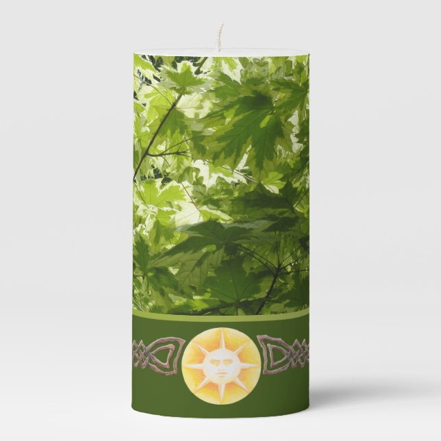 Variegated Maple Leaves with Celtic Sun Pillar Candle (Front)