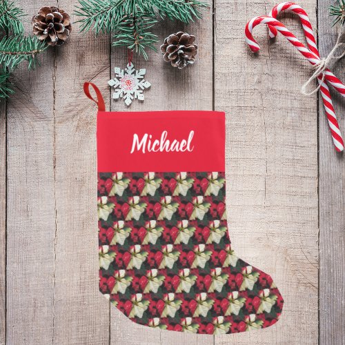 Variegated Poinsettia Pattern with Name Small Christmas Stocking