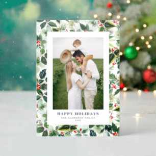 Variegated Winterberry Leaves Pattern Christmas Letterpress Photo Cards