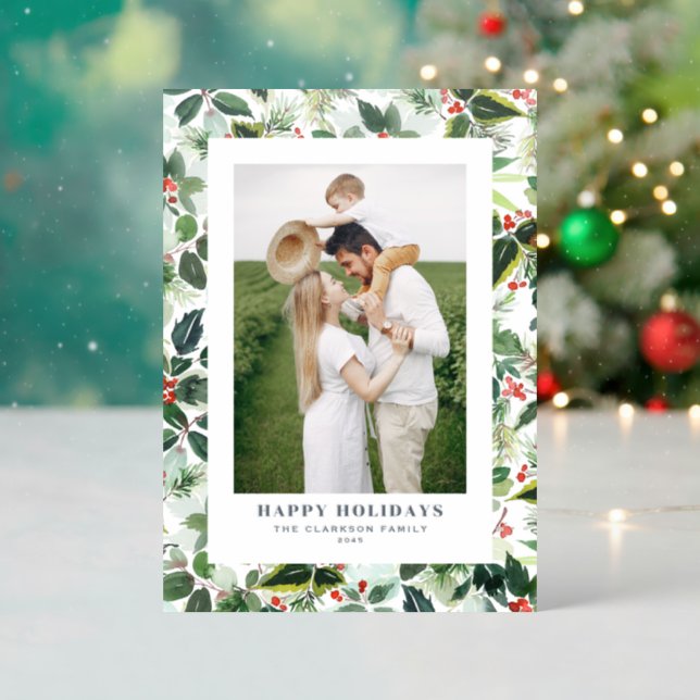 Variegated Winterberry Leaves Pattern Christmas Letterpress Photo Cards (Front (Into))