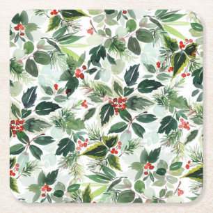Variegated Winterberry Pattern Christmas Square Paper Coaster
