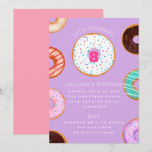 Variety Donuts Pink Purple Kids Birthday Invitation (Front/Back)