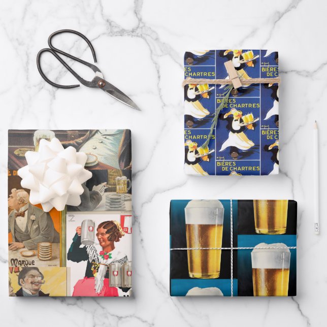 Variety Pack of Beer-themed  Wrapping Paper Sheets (Front)