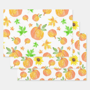 Variety Watercolor Pumpkin Patterns Wrapping Paper Sheets
