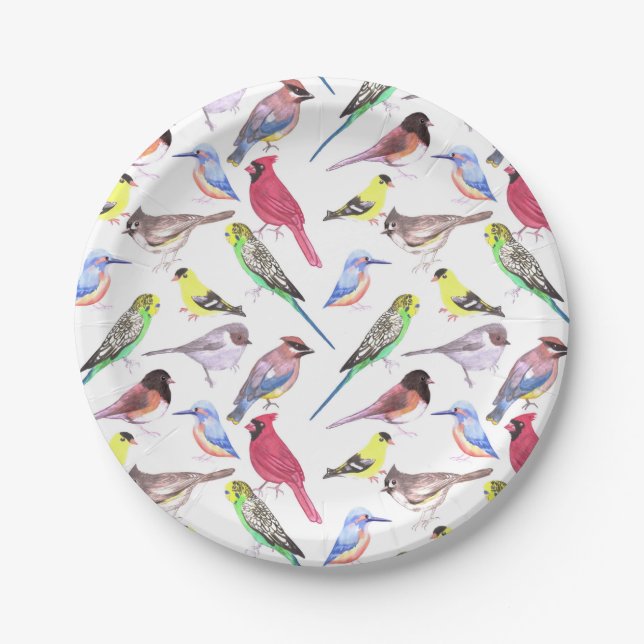 Various birds in watercolor- cute pet birds paper plates (Front)