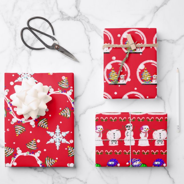 Various Christmas Snowmen Wrapping Paper Sheets (Front)