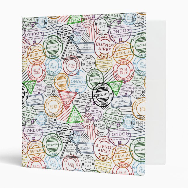 Various cities retro postal markings pattern 3 ring binder (Front/Inside)