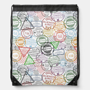 Various cities retro postal markings pattern drawstring bag