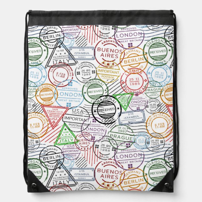 Various cities retro postal markings pattern drawstring bag (Front)