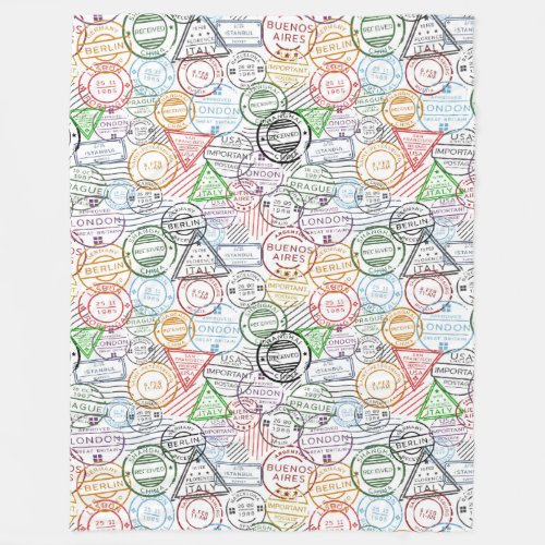 Various cities retro postal markings pattern fleece blanket