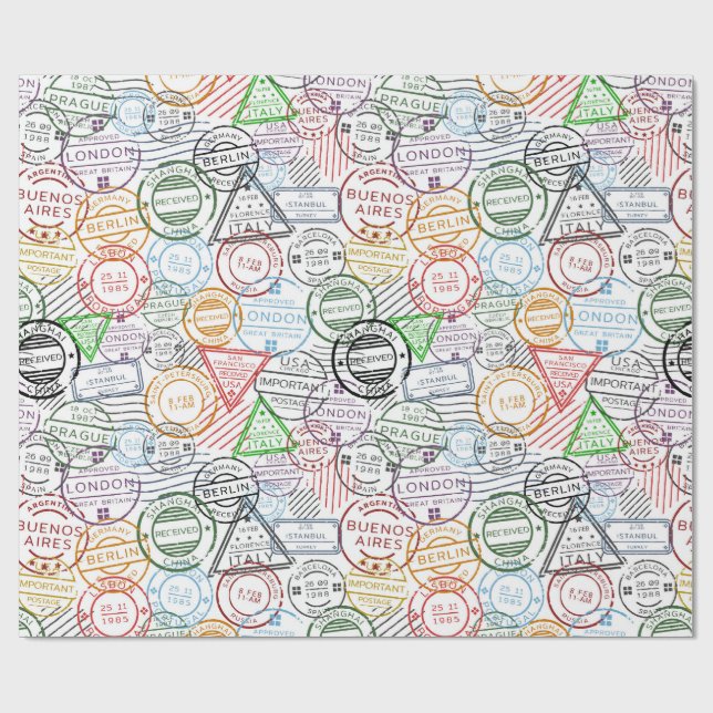 Various cities retro postal markings pattern wrapping paper (Flat)