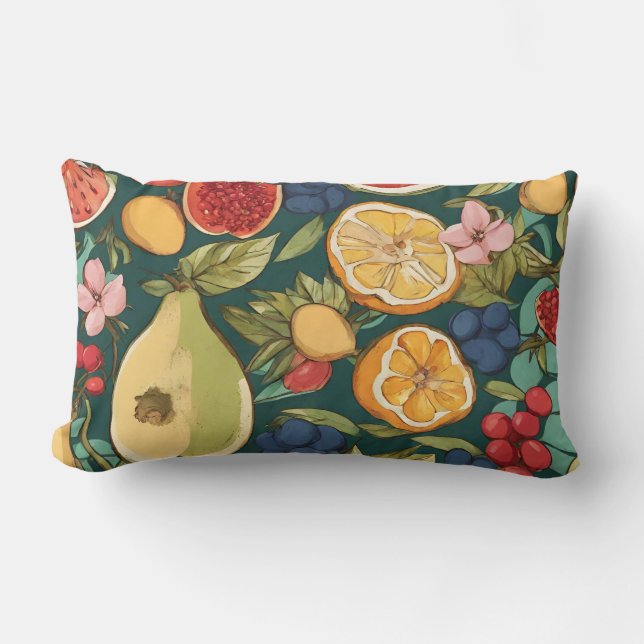 Various Citrus Fruits, Grapes and Flowers. Paintin Lumbar Pillow (Front)