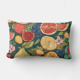 Various Citrus Fruits, Grapes and Flowers. Paintin Lumbar Pillow