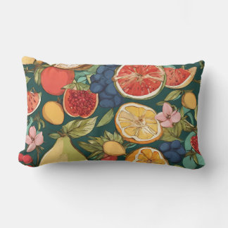 Various Citrus Fruits, Grapes and Flowers. Paintin Lumbar Pillow