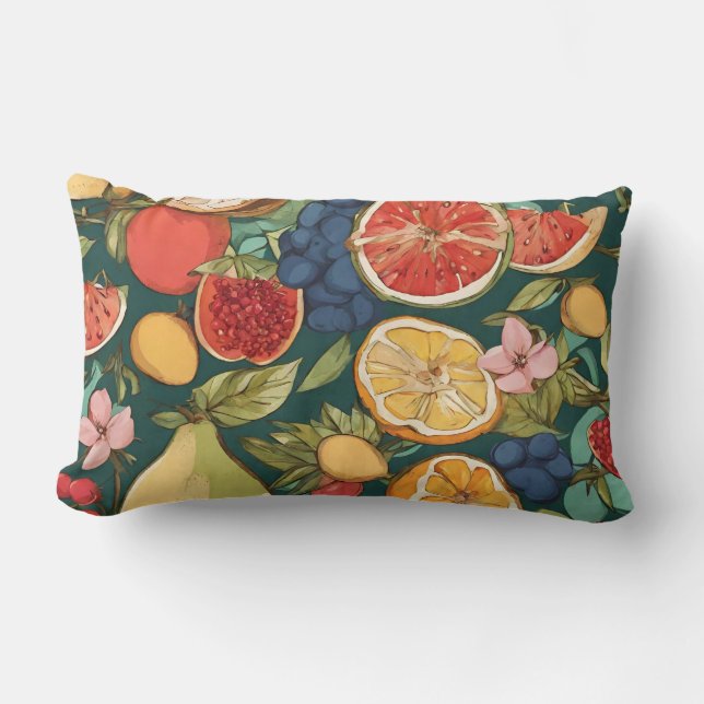Various Citrus Fruits, Grapes and Flowers. Paintin Lumbar Pillow (Front)