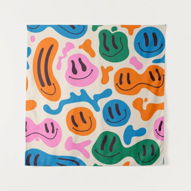 Various colorful melting smiling Faces. Lava lamp, Tapestry (Front)