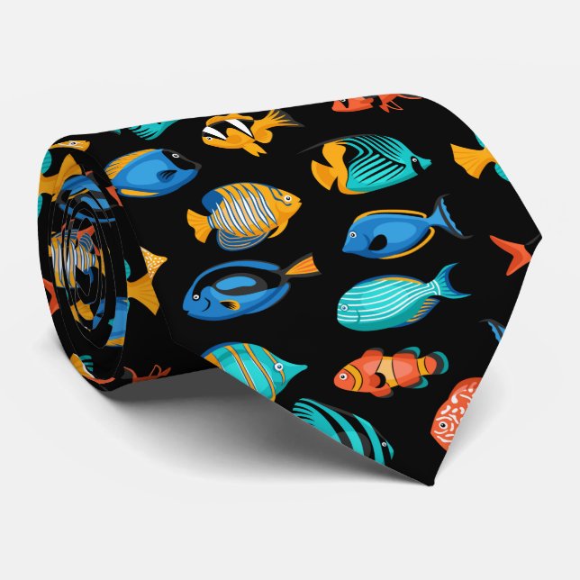 Various colorful tropical fish pattern neck tie (Rolled)