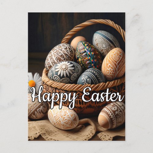 Various Decorative Easter Eggs In A Basket Postcard