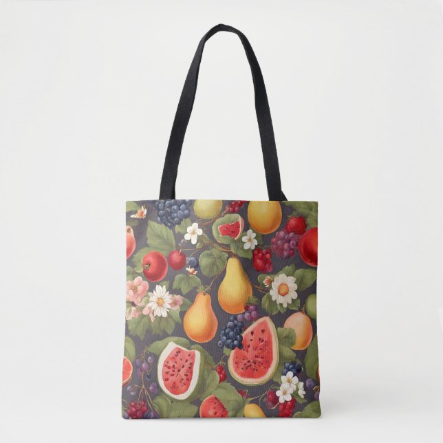 Various Fruits, Lush Leaves and Wonderful Flowers Tote Bag (Front)