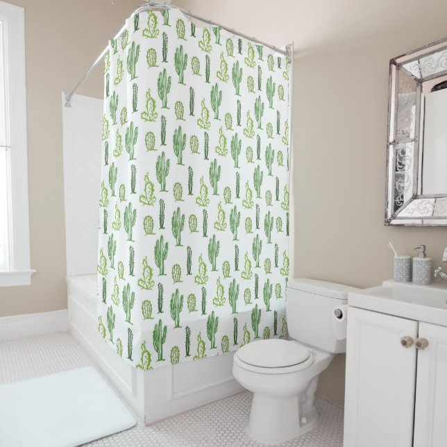 Various green cacti pattern shower curtain (In Situ)