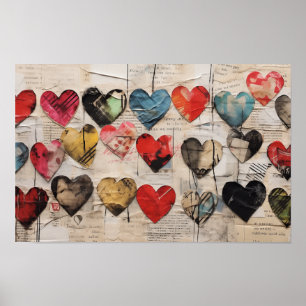 Various hearts with collage paper textures poster